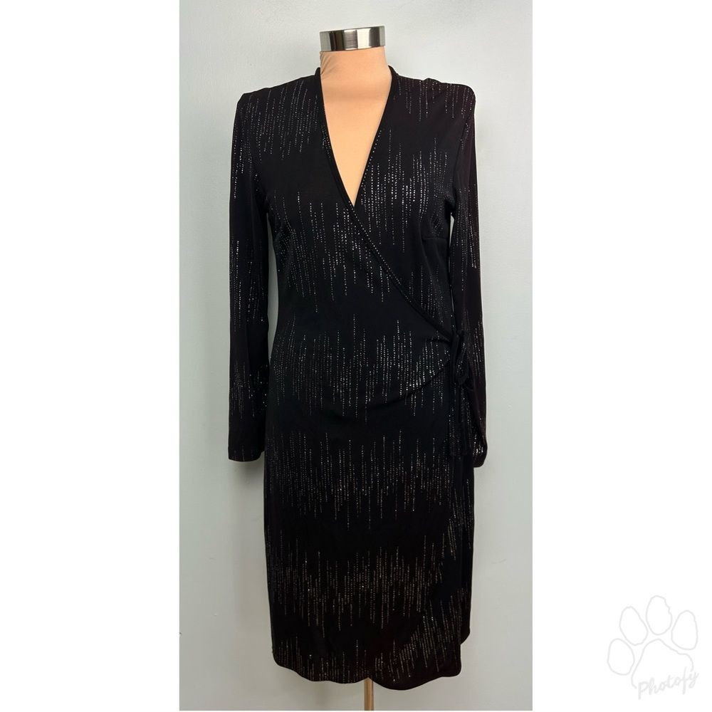 Vintage NWT carabella collections Black Wrap Dress Glitter Bling Long Sleeve L